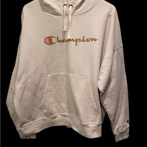 Champion Cream Hoodie with Pink and Brown Logo